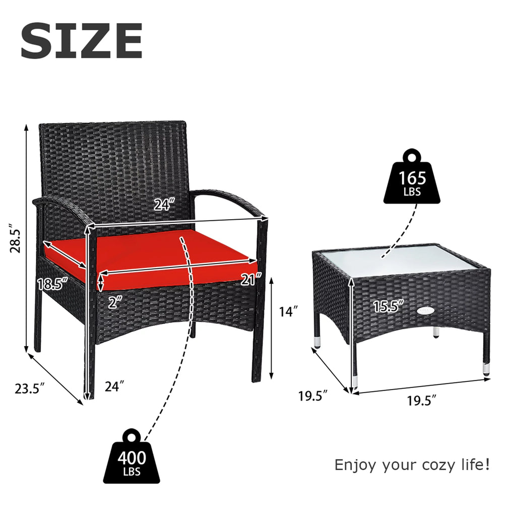 3 PCS Patio Wicker Rattan Furniture Set with Cushion V565