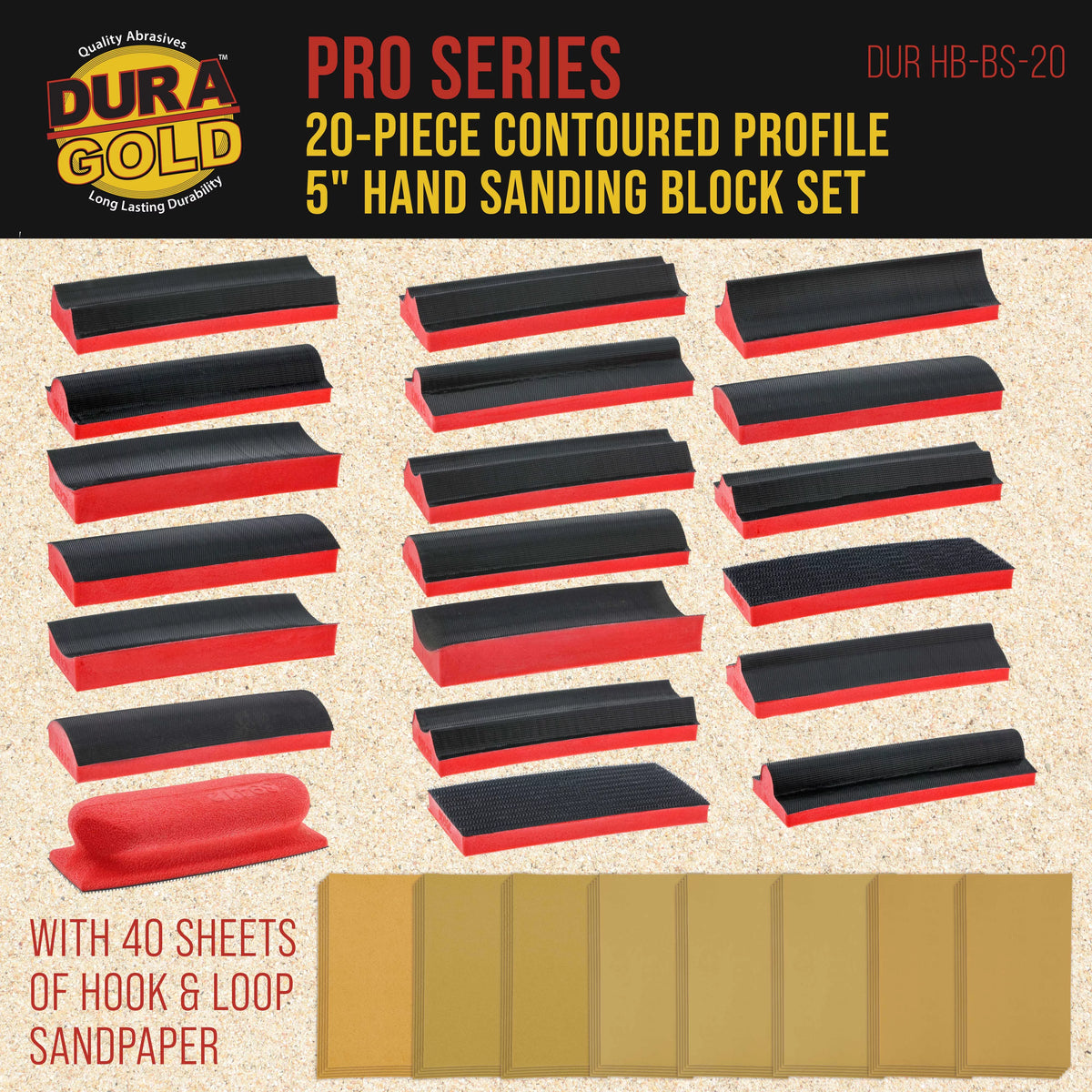 20-Piece 5" Hand Sanding Block Set with 40 Sheet Hook & Loop Sandpaper Kit D984547