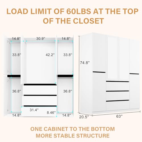 White 4 Door Wooden Armoire Wardrobe with Mirror P8933