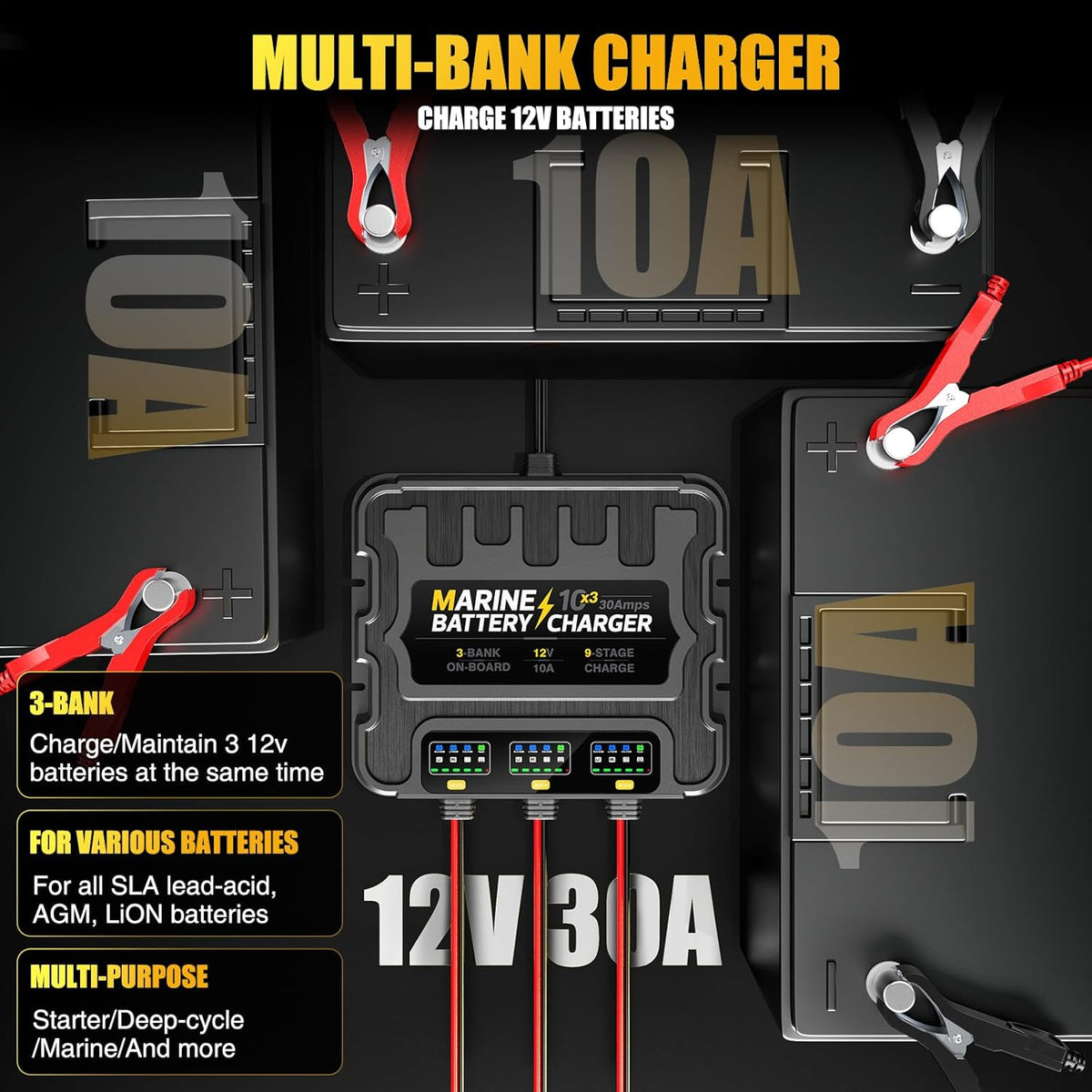 12V 30A Smart Waterproof Onboard Boat Battery Charger W54928