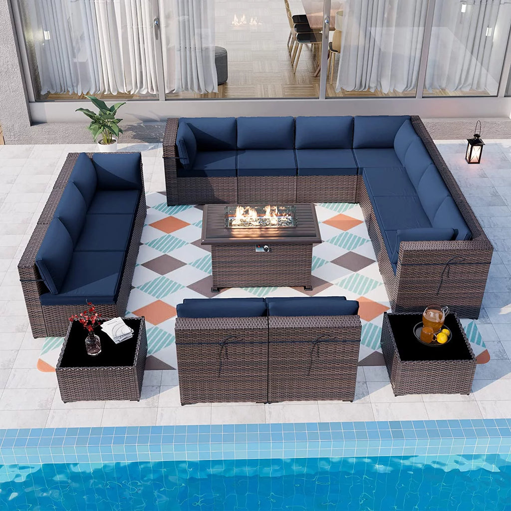 15 Pieces Outdoor Patio Furniture Set with Propane Fire Pit Table Navy Blue Y672