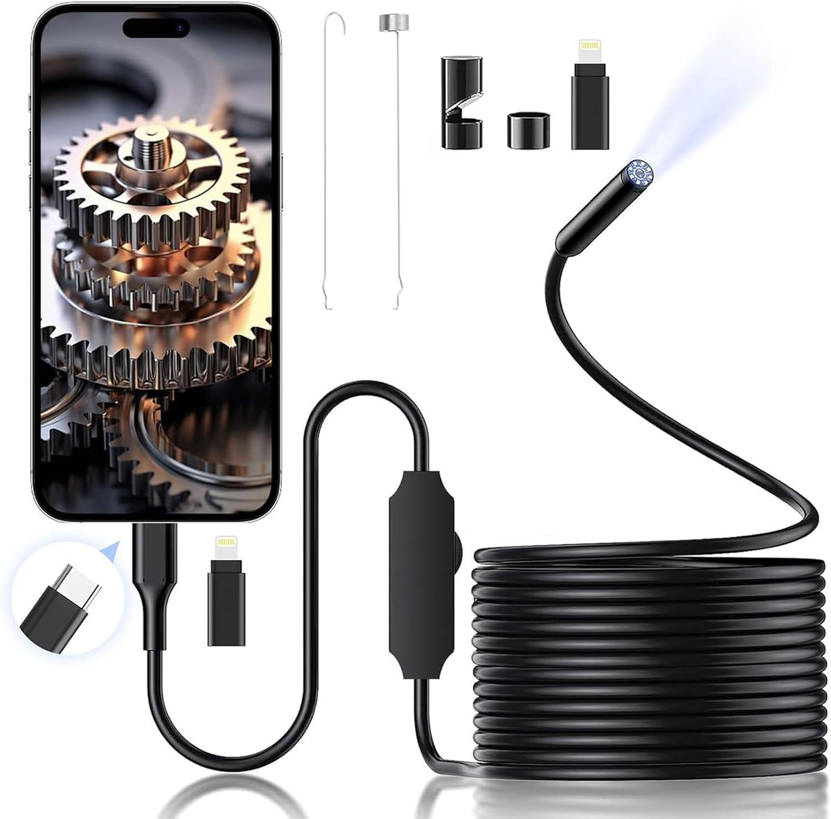 1920P HD Borescope with 8 Adjustable LED Lights, 16.4ft Semi-Rigid Cord, 7.9mm Industrial Endoscope O437849