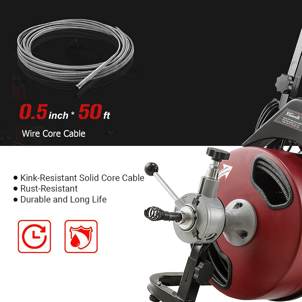 50-Feet Long 1/2 Cable Drain Auger Cleaner with Cutter Set & Foot Switch V180408