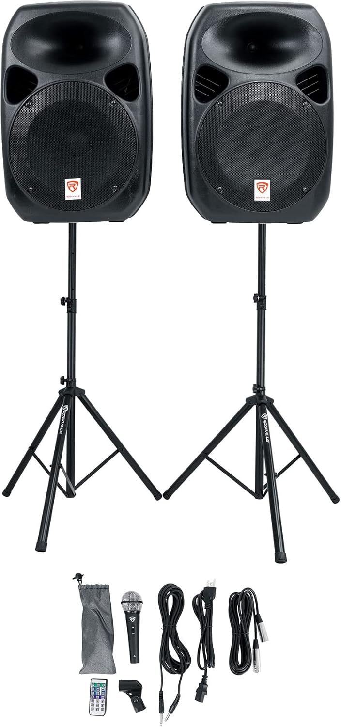 Dual 10" Powered Speakers PA System with Bluetooth, Mic, Stands W194854