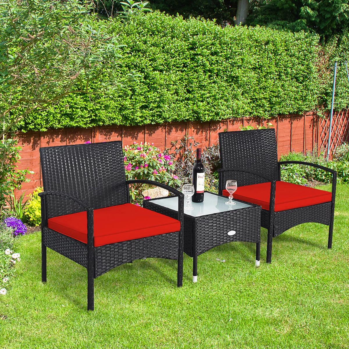 3 PCS Patio Wicker Rattan Furniture Set with Cushion V565