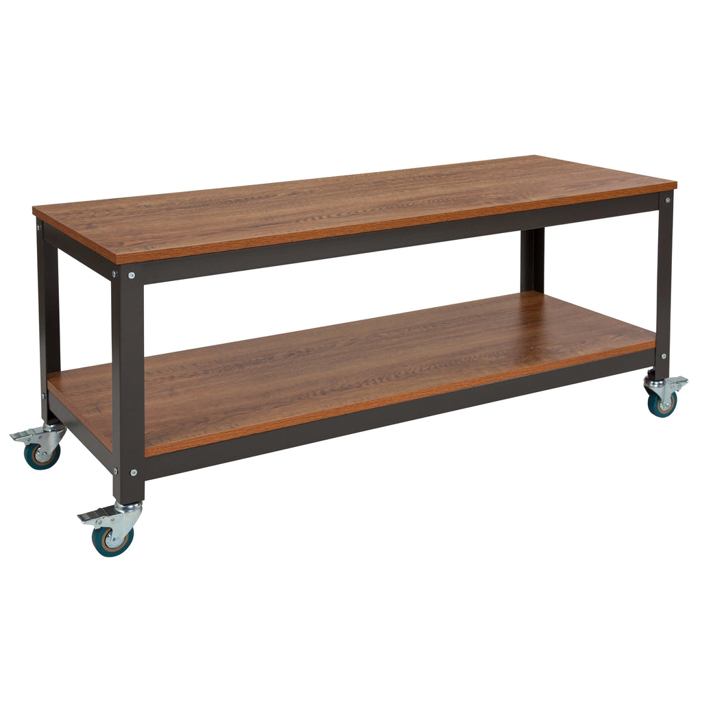 Brown Oak Wood Grain TV Stand with Metal Wheels A5085