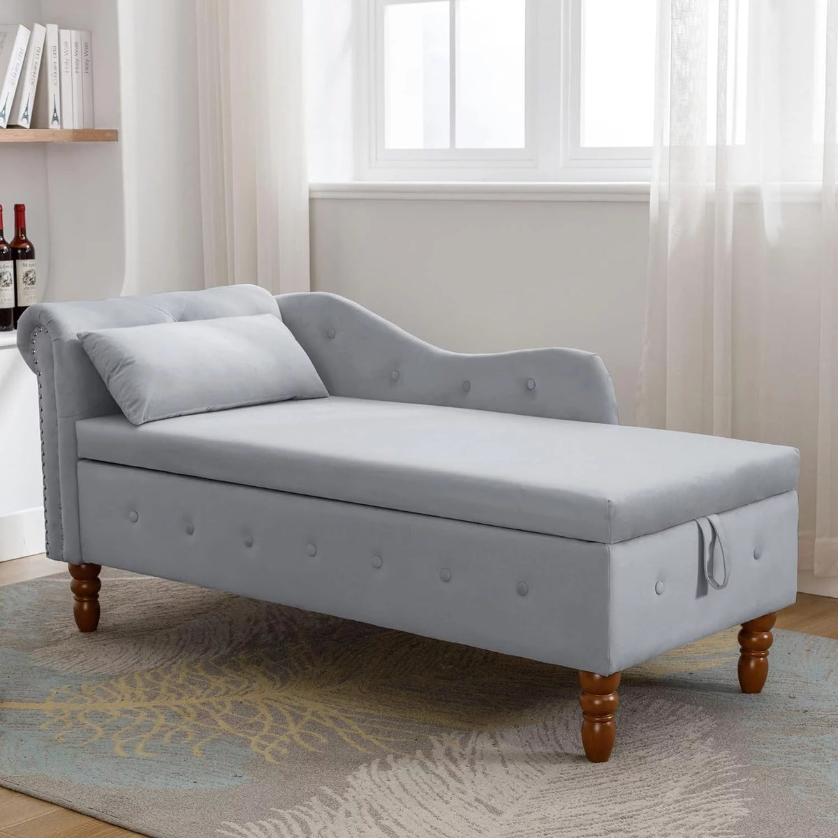 Grey Velvet Chaise Lounge Chair with Storage & Pillow R899