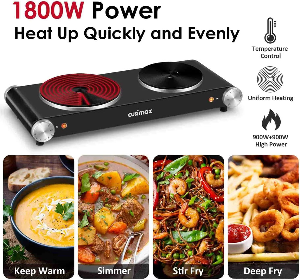 1800W Portable Electric Double Burner Cast Iron Cooktop with 7 Power Levels Z40573