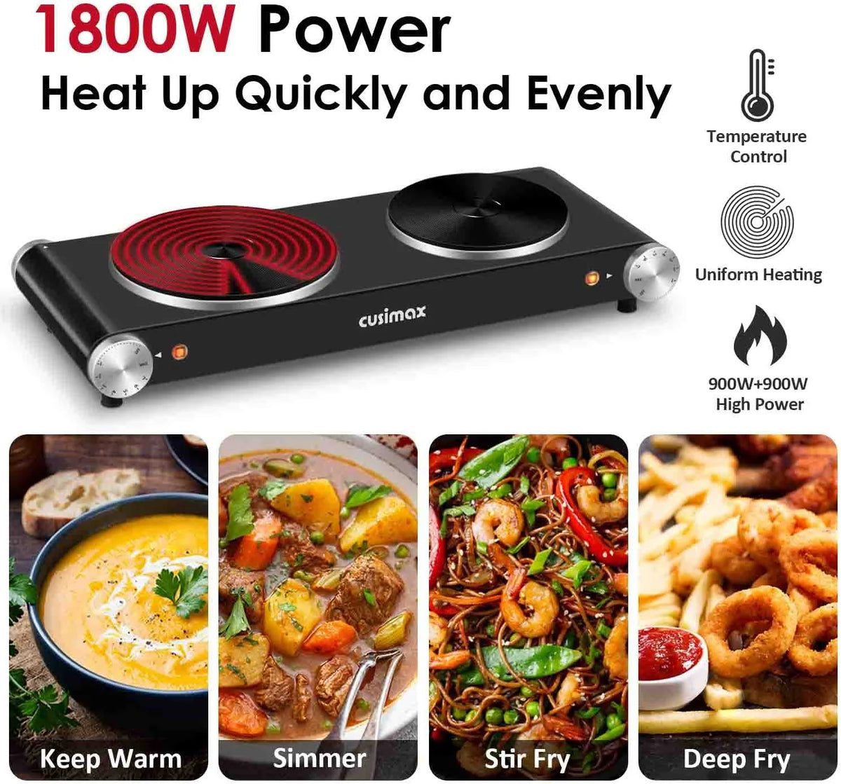 1800W Portable Electric Double Burner Cast Iron Cooktop with 7 Power Levels Z40573