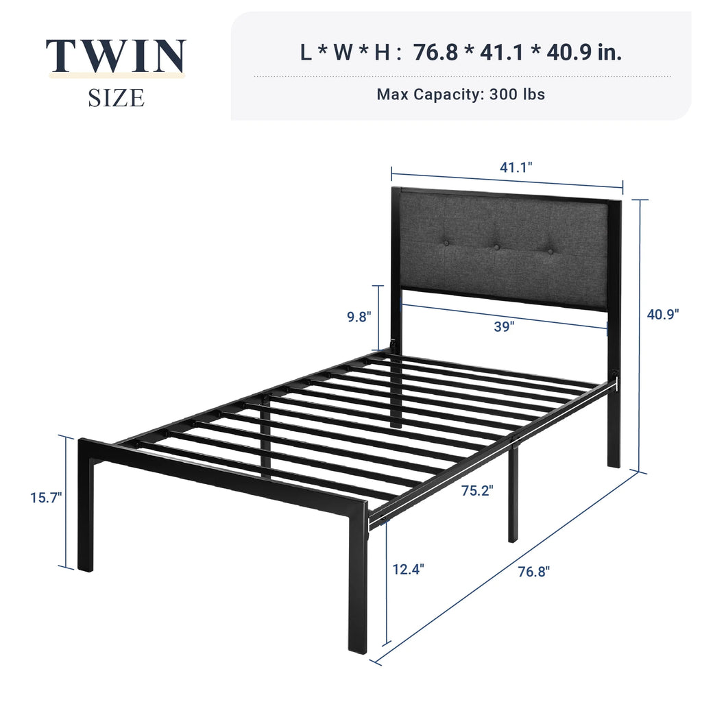 Twin Metal Platform Bed with Fabric Tufted Headboard and Under-Bed Storage A790