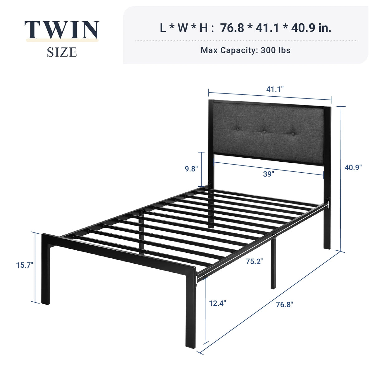 Twin Metal Platform Bed with Fabric Tufted Headboard and Under-Bed Storage A790