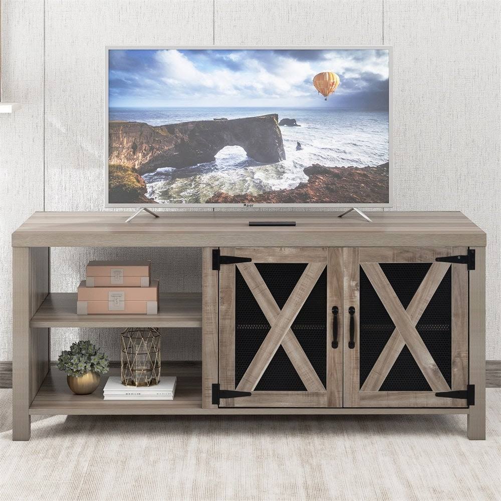 Grey TV Stand with Barn Door 2 Open Compartments J45878
