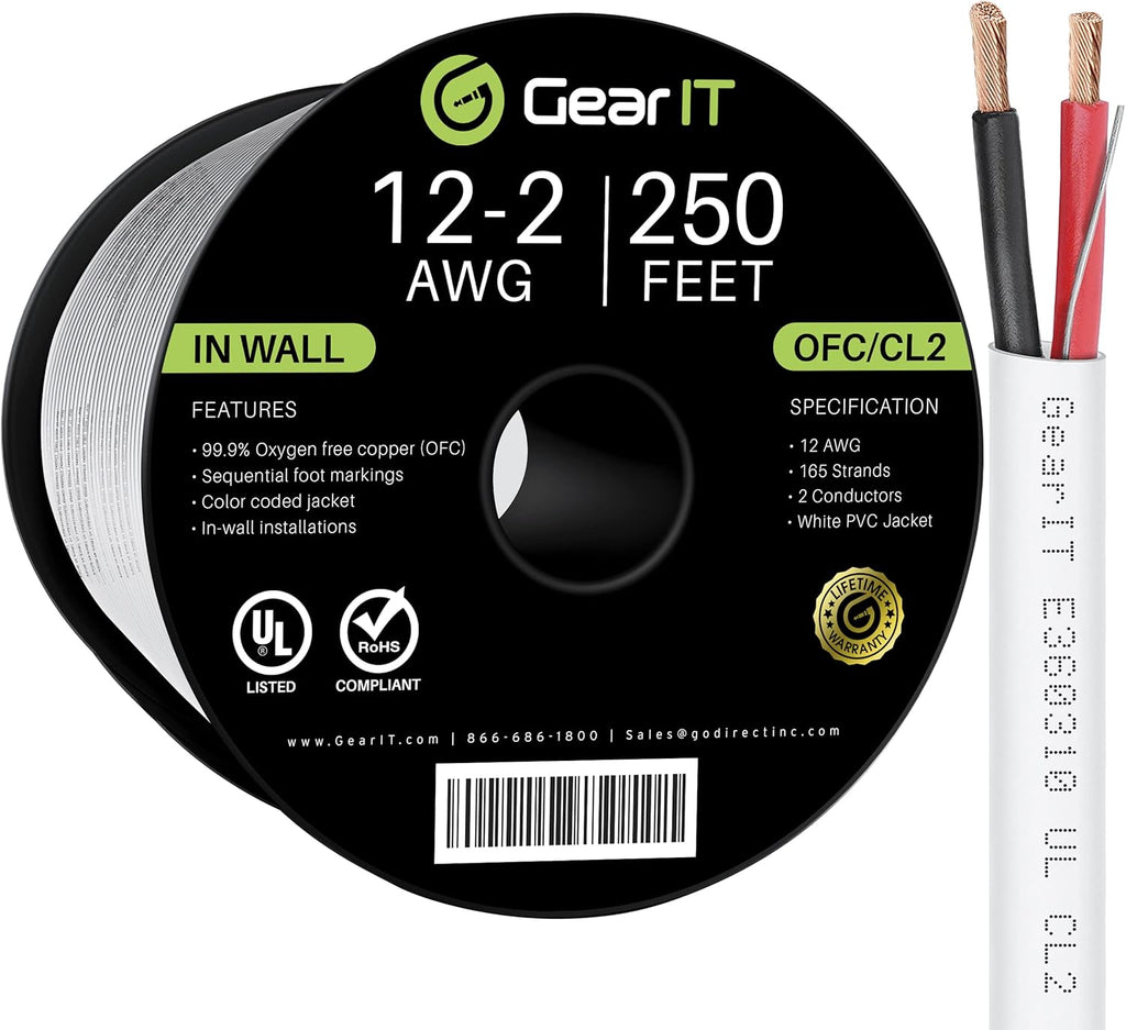 12AWG 250 Feet CL2 Rated 2 Conductors OFC White Speaker Wire Z67835