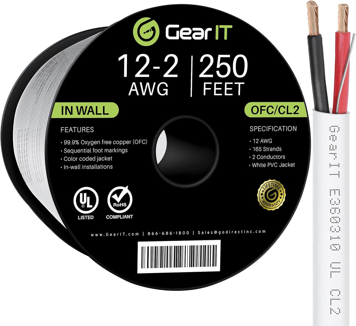 12AWG 250 Feet CL2 Rated 2 Conductors OFC White Speaker Wire Z67835