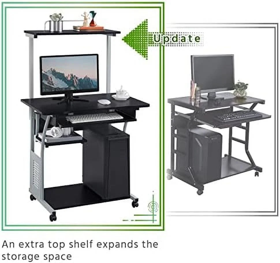 2 Tier Mobile Computer Desk with Printer Shelf Black F619
