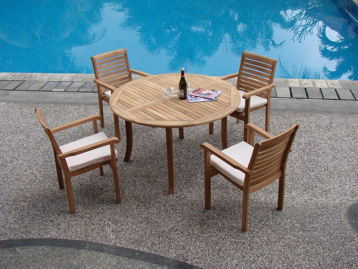 5 Pc Teak Dining Set with Round Table and 4 Stacking Arm Chairs U5425