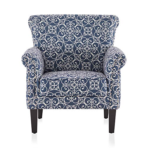 Upholstered Wingback Accent Chair, Fabric Armchair, Nailhead Trim High Back Patterned Corner Chair, Navy Blue/White X701