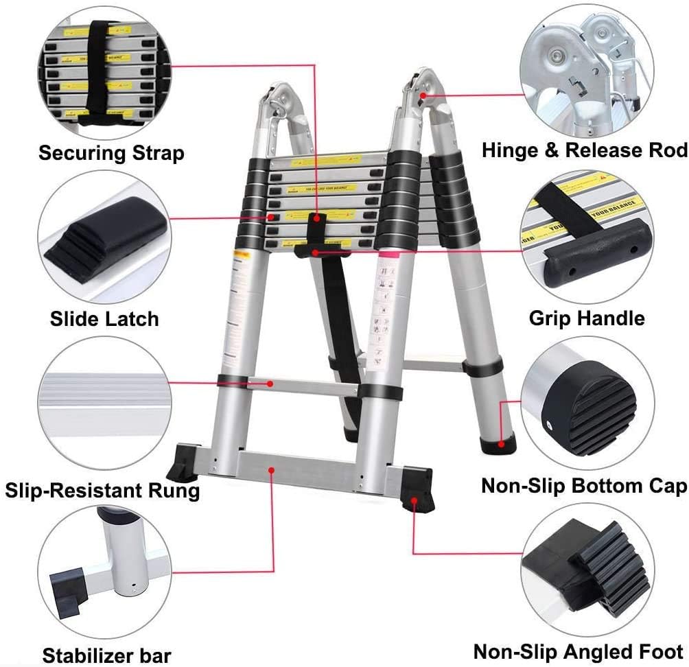 16.5FT/5M Telescopic Aluminum Extension Ladder with Slip-Proof Feet S625