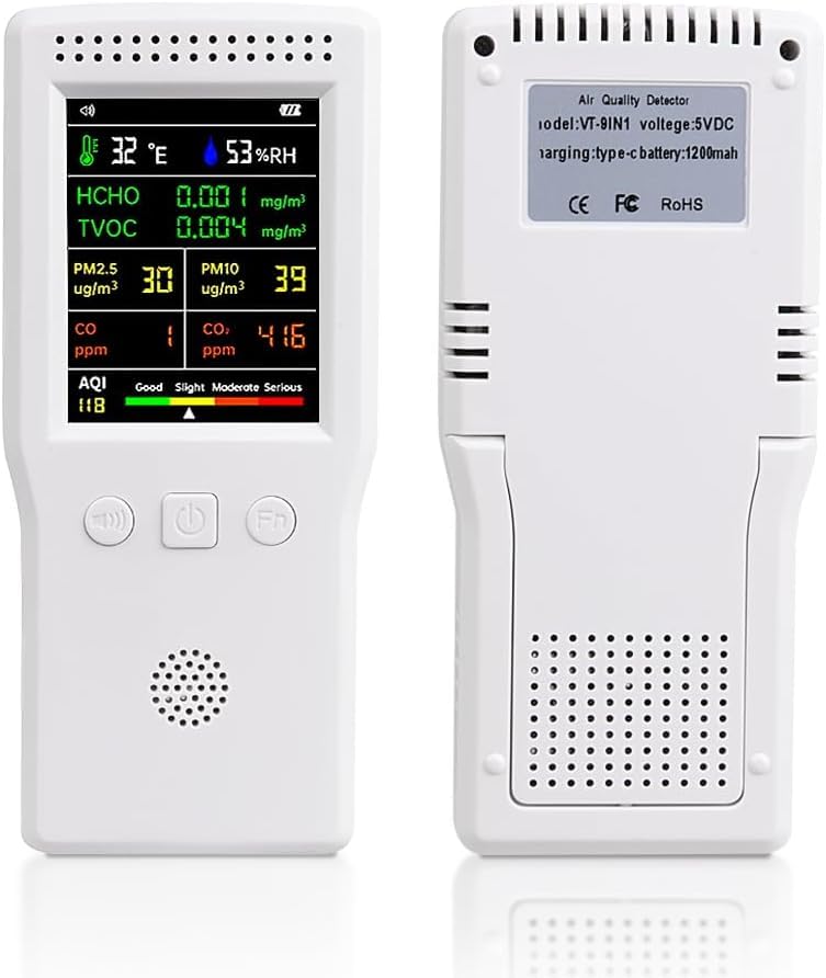 9-in-1 Portable Air Quality Monitor with Large Display and Voice Alert E504746