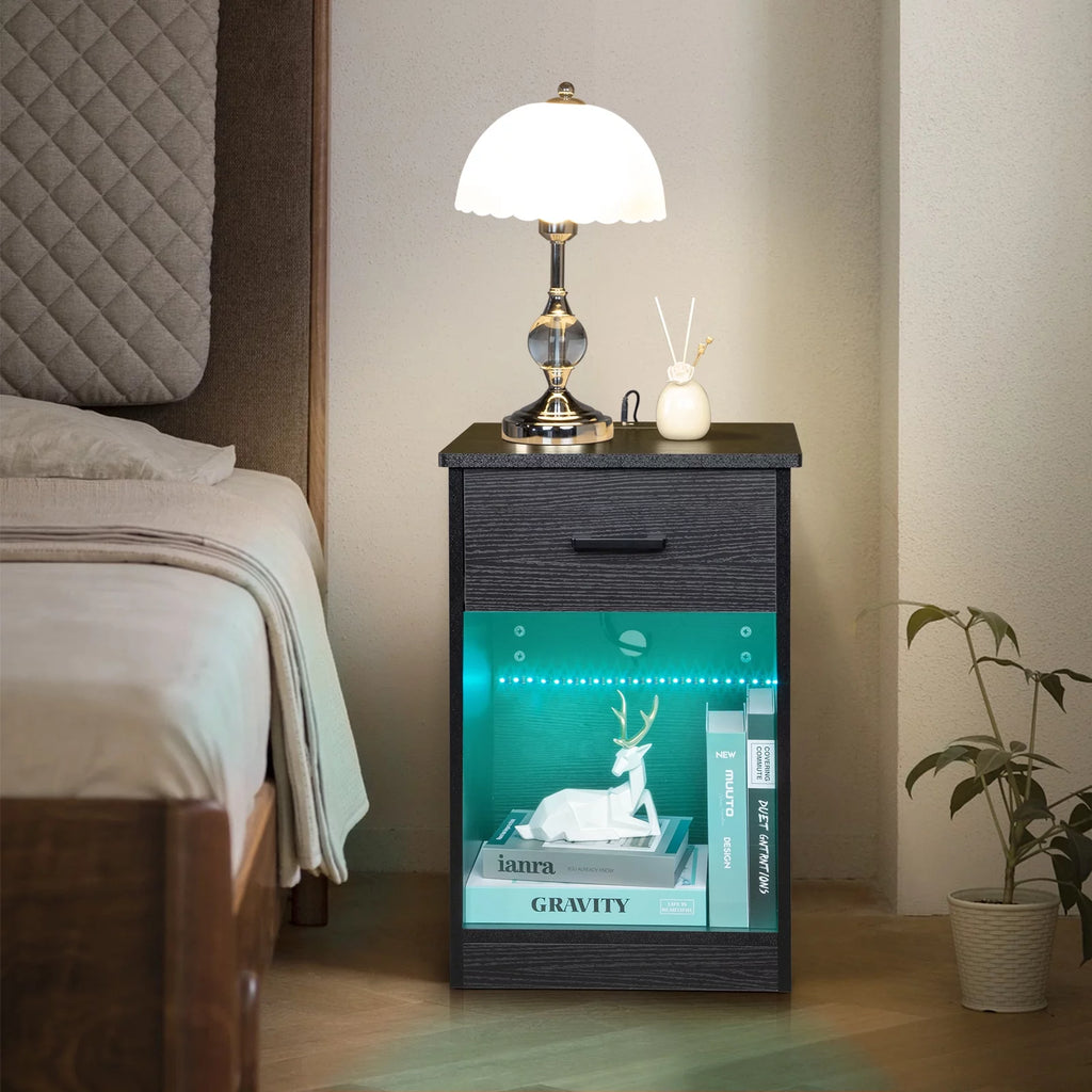 Black Wooden Nightstand with Drawer O79574