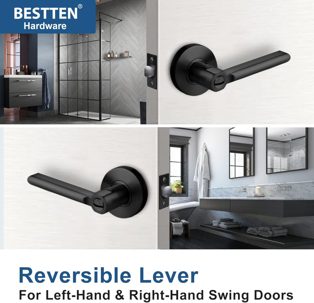 [3 Pack] Matte Black Privacy Door Lever with Removable Latch Plate, All Metal Round Handle K6592
