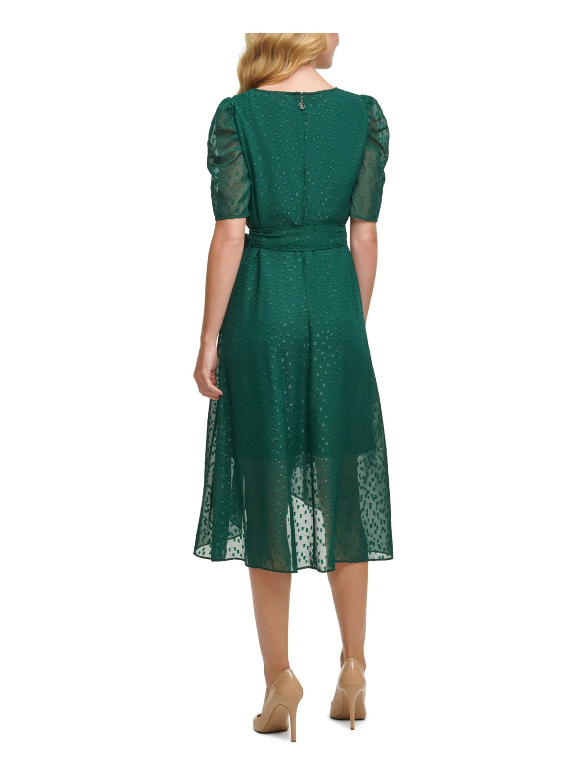 Green Tie Zippered Glitter-dot Pouf Sleeve Surplice Neckline Midi Fit Flare Dress O407038