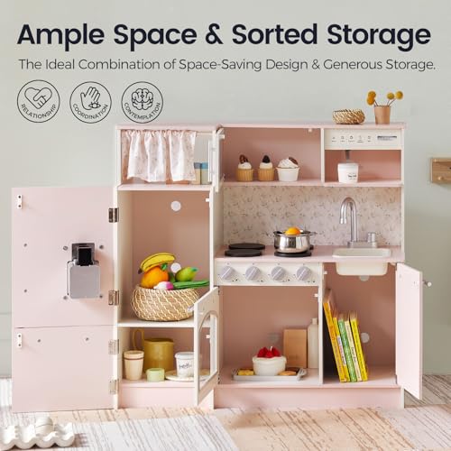Wooden Play Kitchen with Sink, Stove, Microwave and Storage V4156