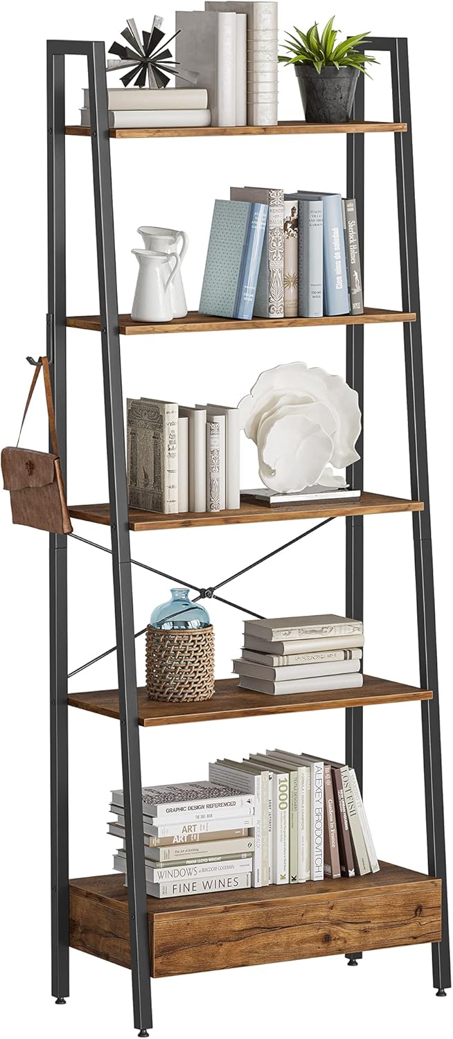 5-Tier Ladder Shelf with Drawer Rustic Brown C38944