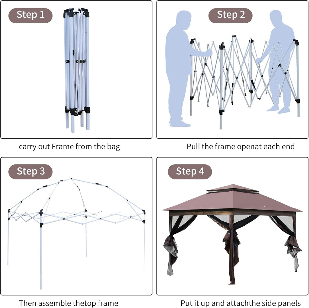 10'x10' Brown Pop Up Gazebo with Mosquito Netting Double Roof O255306