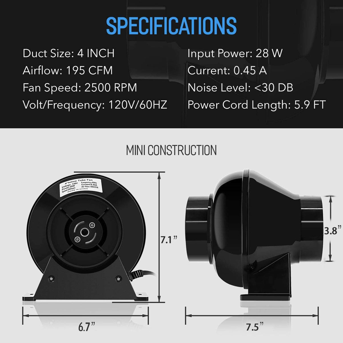 4 Inch 195 CFM Inline Fan Carbon Filter 8 Feet Ducting Combo with Variable Speed Controller N521