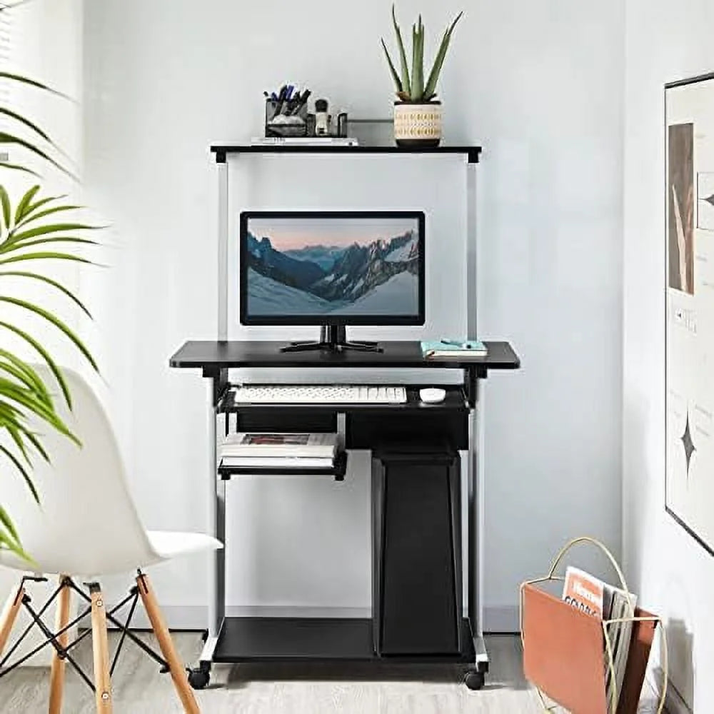 2 Tier Mobile Computer Desk with Printer Shelf Black F619