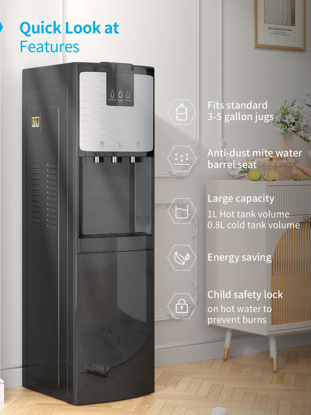 Bottom Loading Water Dispenser, Hot/Cold/Room Temperature, Black W111