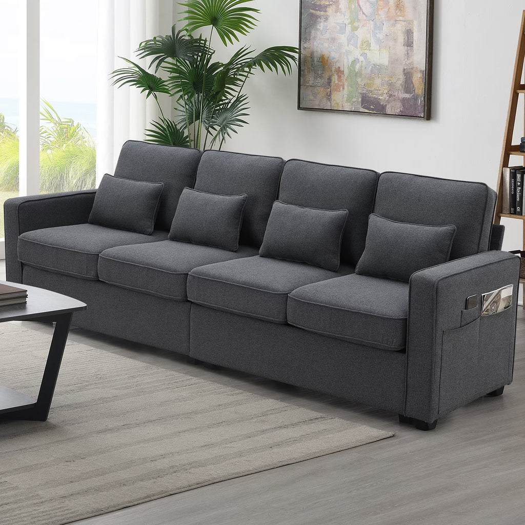104" 4-Seater Linen Fabric Sofa with Armrest Pockets and 4 Pillows F45199