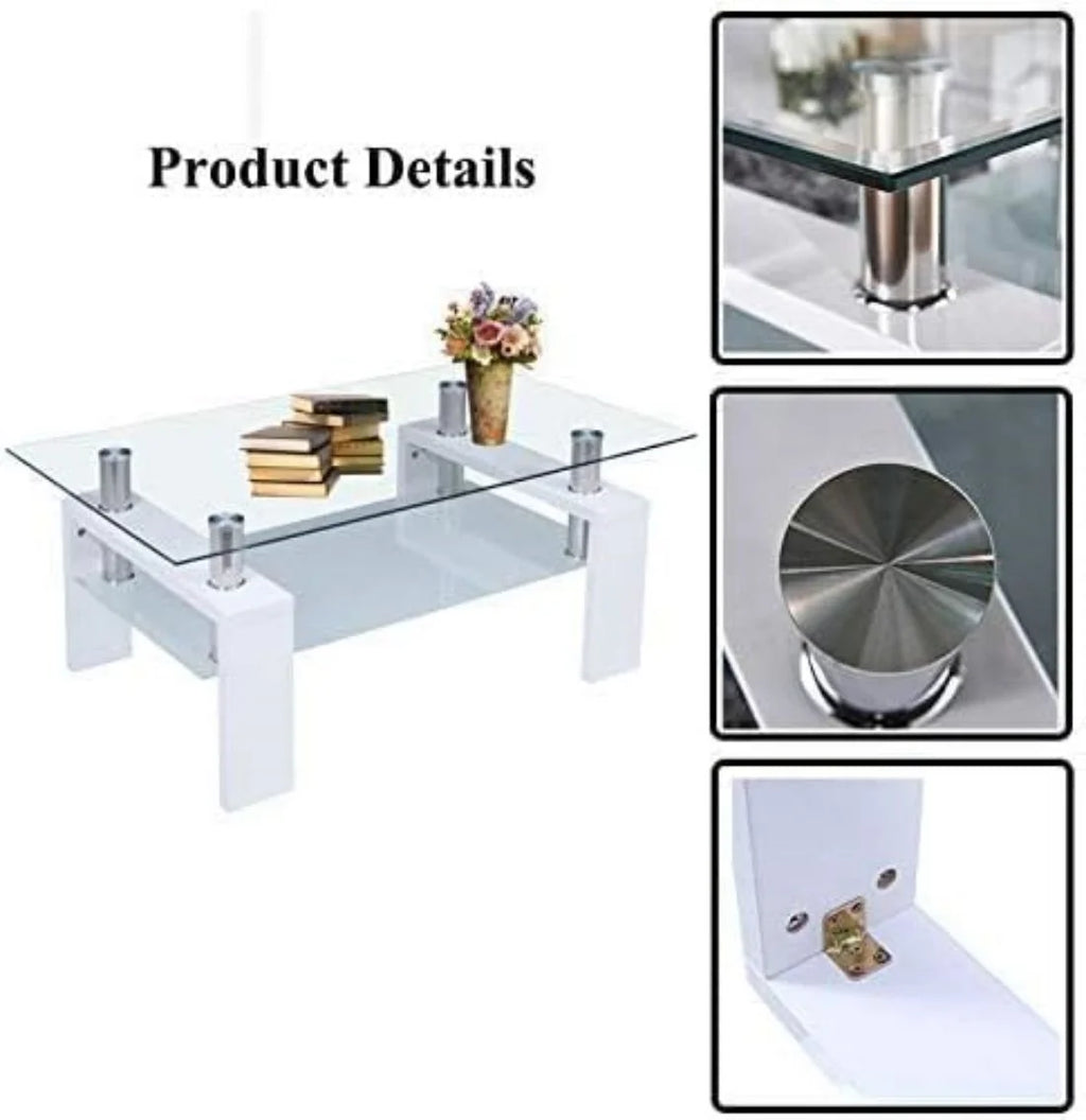 Glass Top White Coffee Table with Lower Shelf R719048