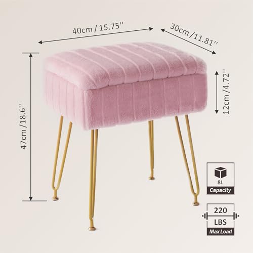 Pink Faux Fur Vanity Stool with Gold Metal Legs and Hidden Storage L3573