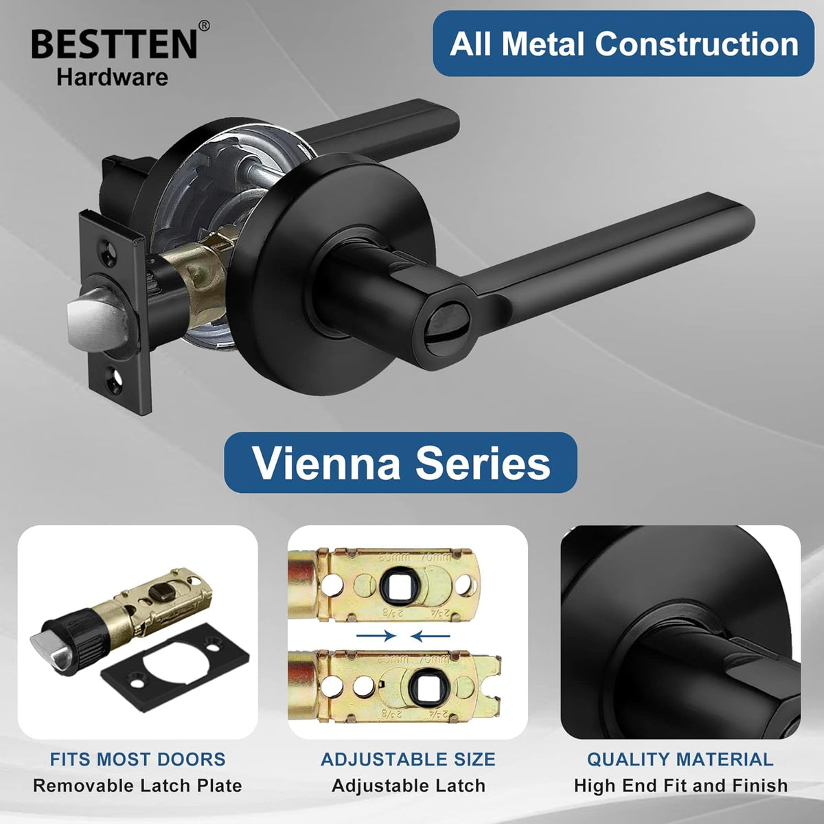 [3 Pack] Matte Black Privacy Door Lever with Removable Latch Plate, All Metal Round Handle K6592