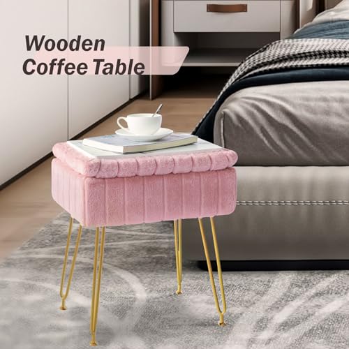 Pink Faux Fur Vanity Stool with Gold Metal Legs and Hidden Storage L3573