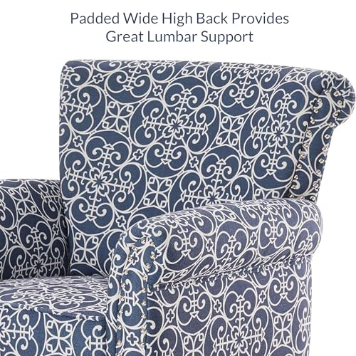 Upholstered Wingback Accent Chair, Fabric Armchair, Nailhead Trim High Back Patterned Corner Chair, Navy Blue/White X701