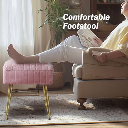 Pink Faux Fur Vanity Stool with Gold Metal Legs and Hidden Storage L3573