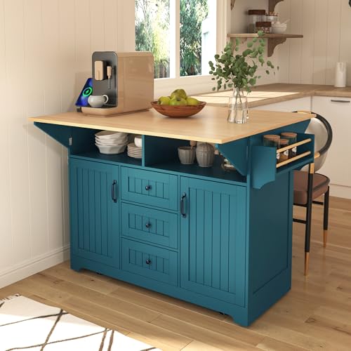 55.7'' Rolling Kitchen Island with 2 Drop Leaves and 3 Drawers K6422