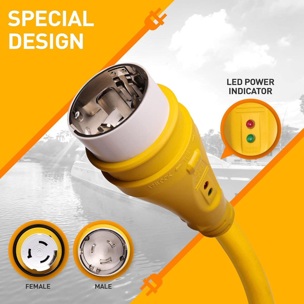 Boat Shore Power Cord Extension 25FT 50 Amp 3 Prong Male to Female STW6/3 Cable S40857