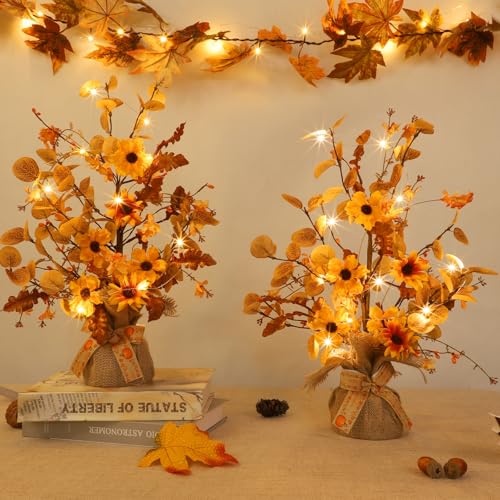 2 Pack Fall Tabletop Tree with 48 LED Battery Operated 18 Inch Q8603