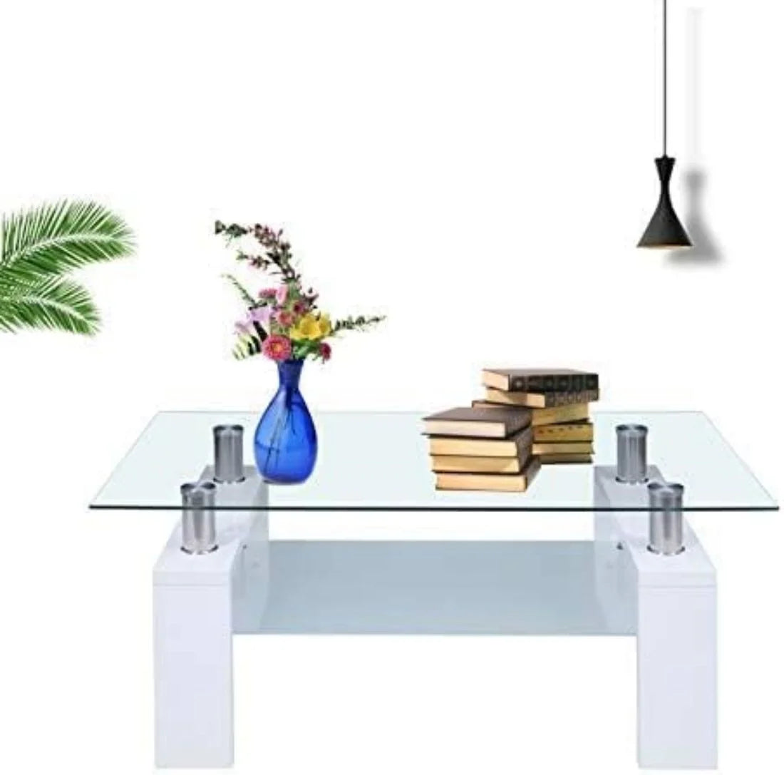 Glass Top White Coffee Table with Lower Shelf R719048