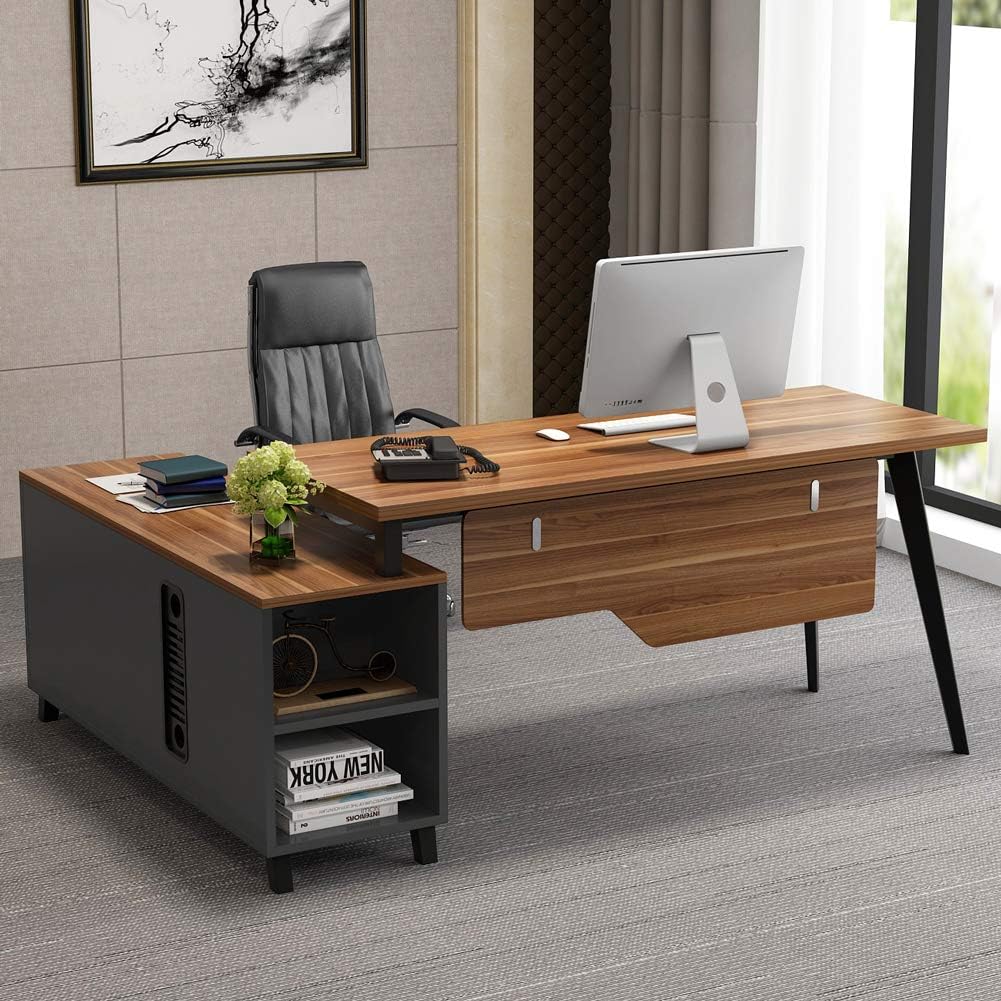 L-Shaped Desk with Storage Shelves and File Cabinet K527