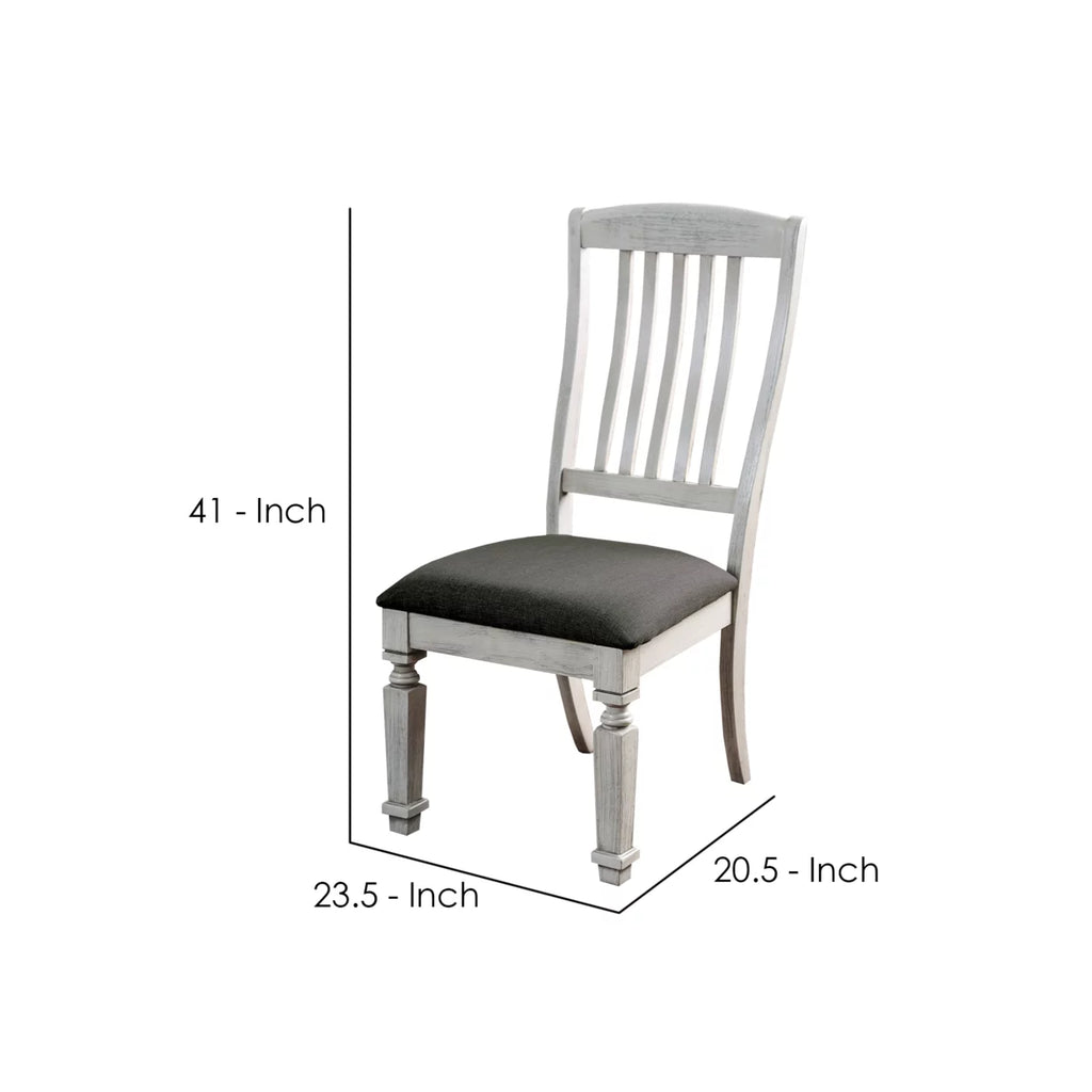 Wooden Side Chair with Fabric Upholstered Padded Seat Pack of Two Antique White and Gray J409