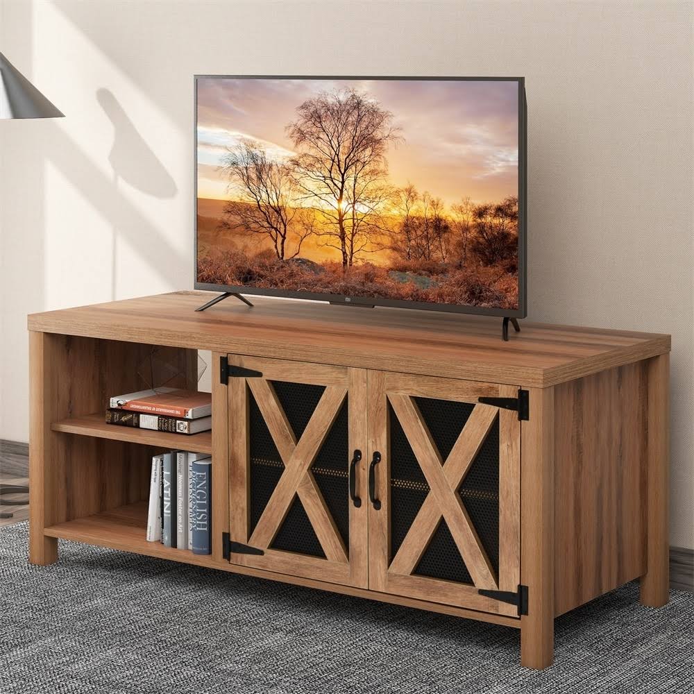 Grey TV Stand with Barn Door 2 Open Compartments J45878