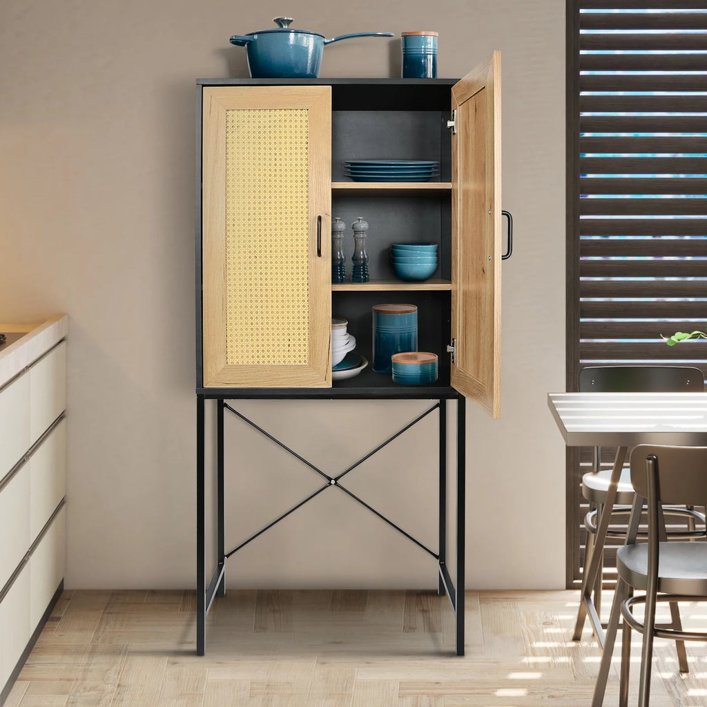 Wooden Cabinet with 2 Rattan Doors and 3-Tier Shelving S15010