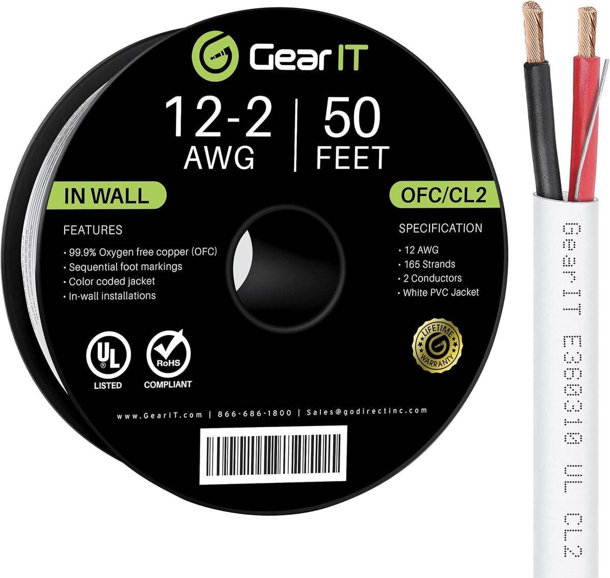 12AWG 250 Feet CL2 Rated 2 Conductors OFC White Speaker Wire Z67835