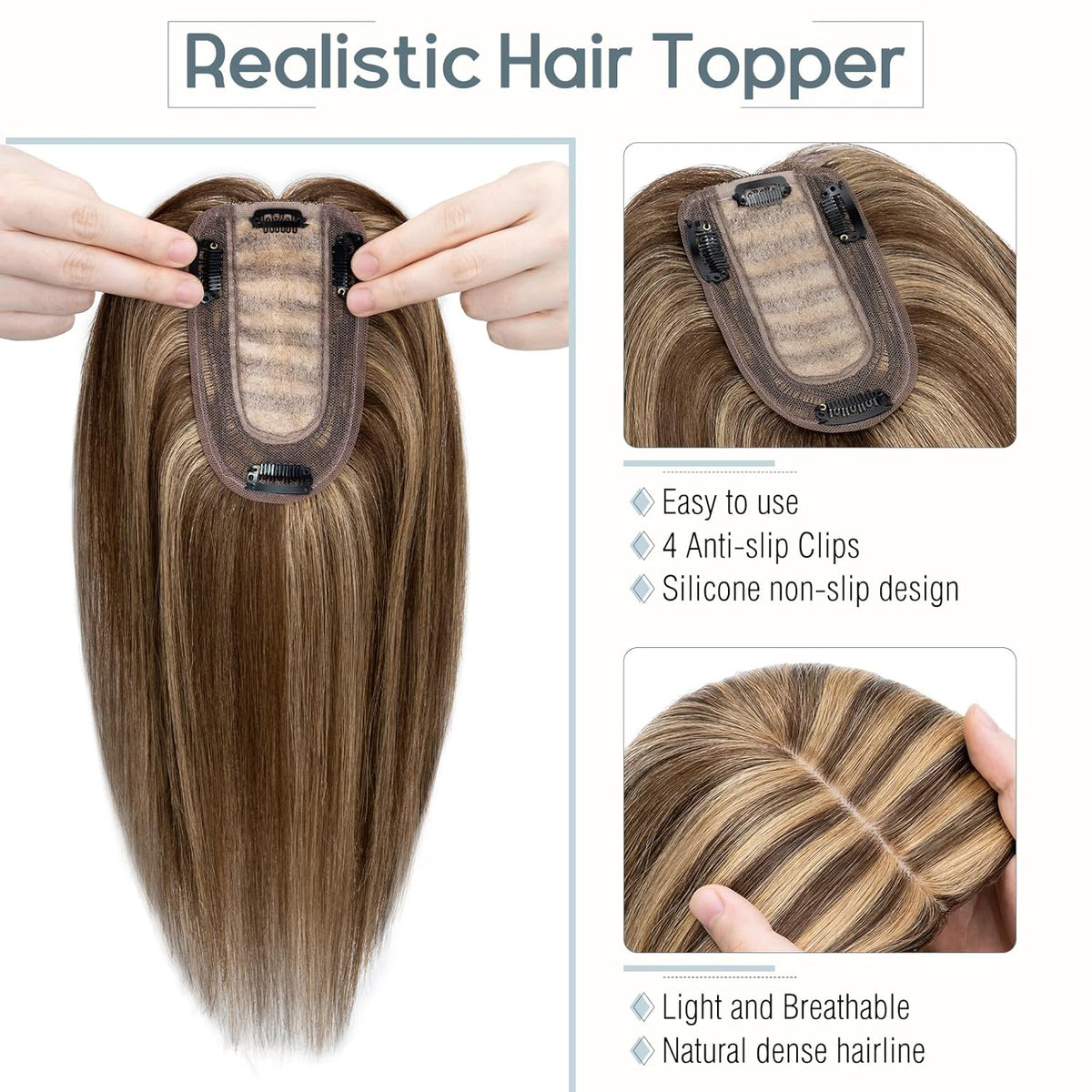 100% Real Human Hair Topper Silk Base Clip In Top Hairpieces 10 Inch 33g E328987