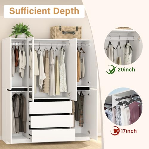 White 4 Door Wooden Armoire Wardrobe with Mirror P8933